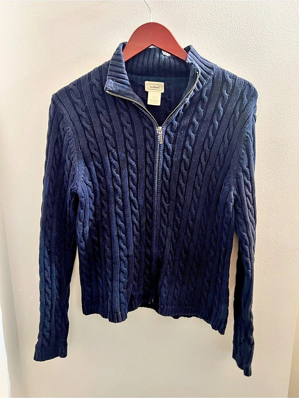 L.L.Bean Double L Cable Knit Full-Zip Cardigan Blue Small Fisherman